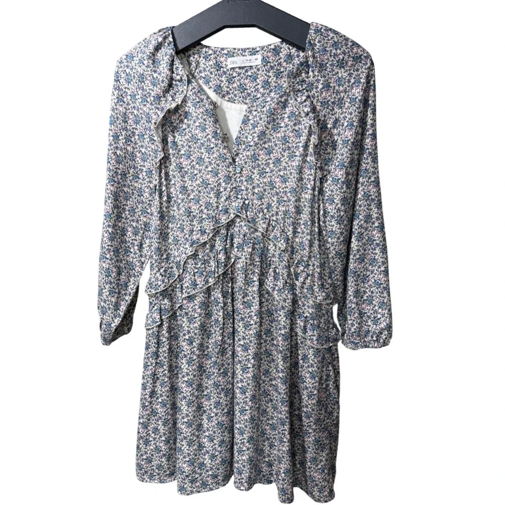 Zara Girls Size 11-12 Floral Ruffle Long Sleeve Boho Mini Dress Blue Cottagecore